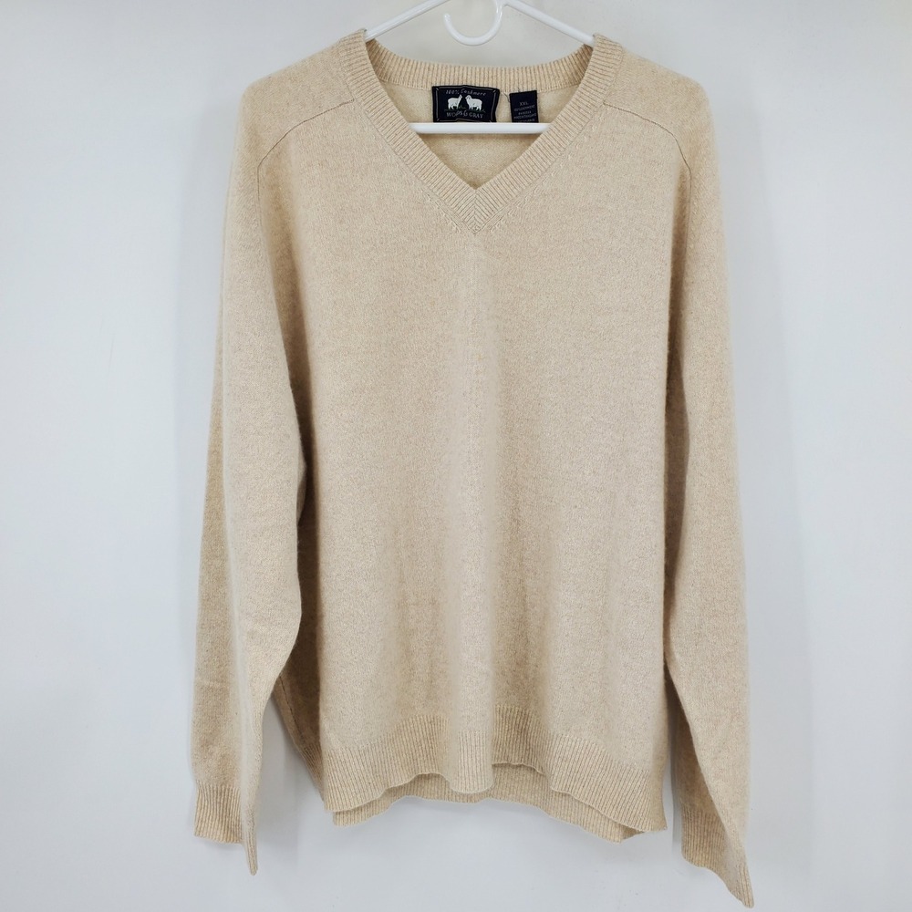 Woods & Gray Mens XXL 100% Cashmere V-Neck Sweater Oatmeal Beige Knit Preppy